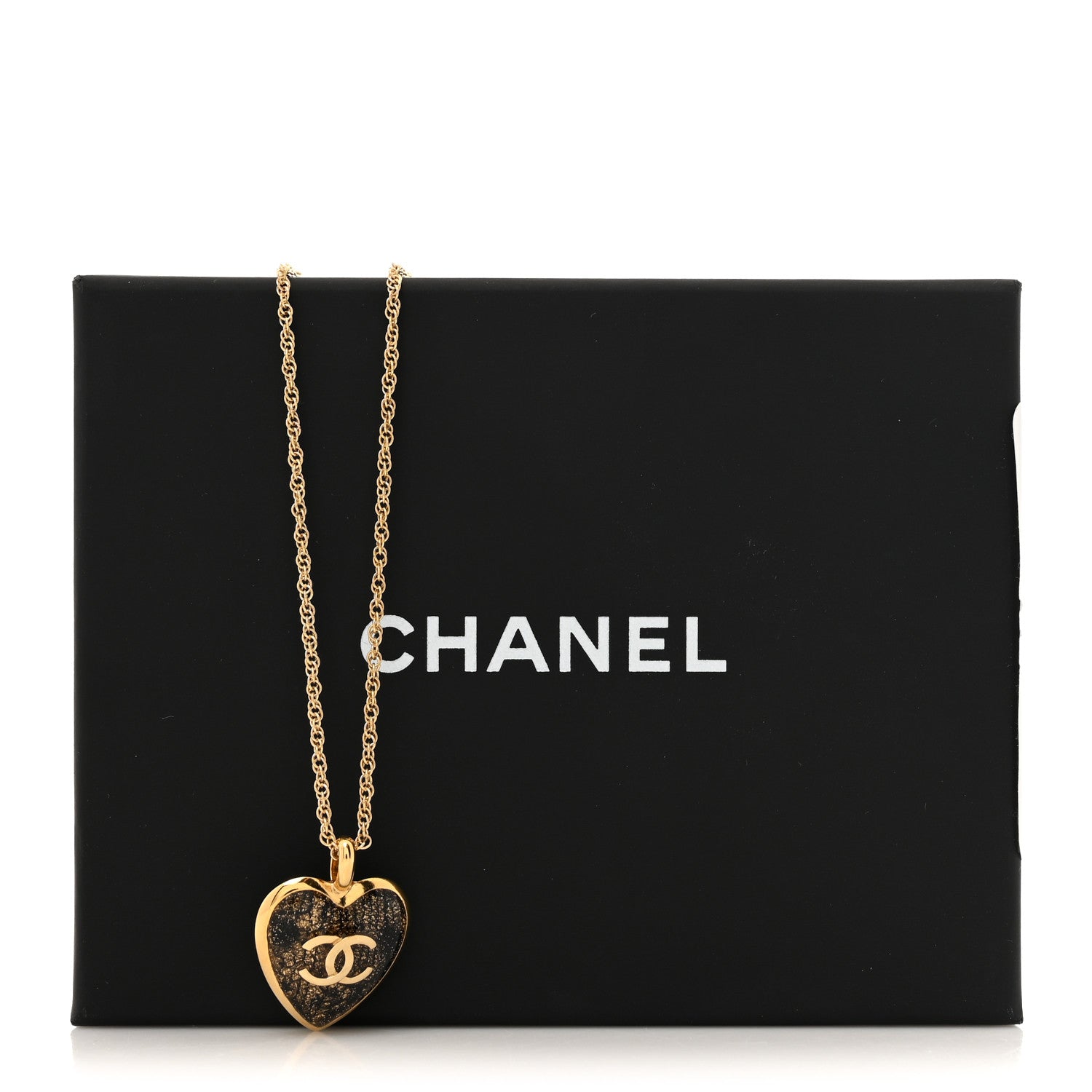 Chanel Metal Lace Resin Glass CC Heart Necklace Gold Black 5 of 5