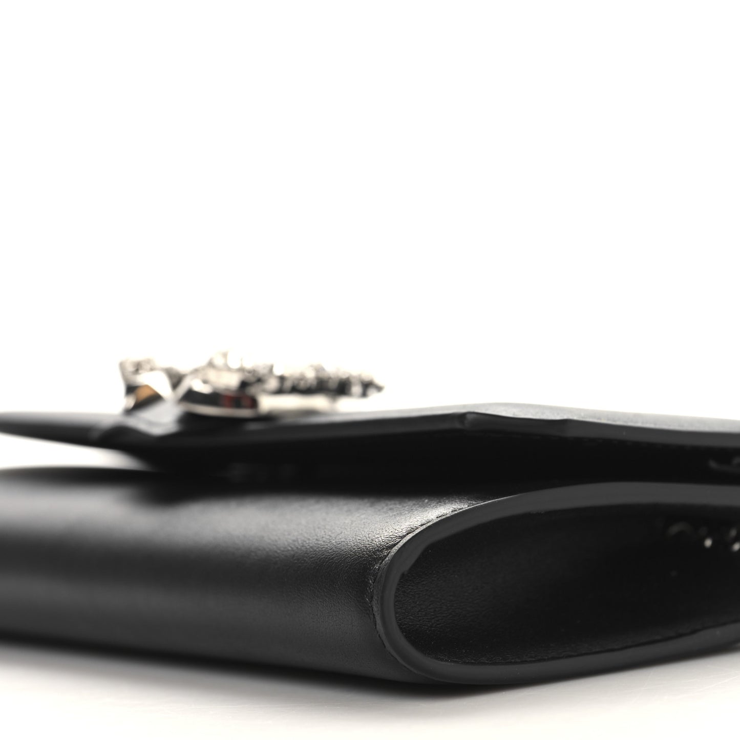 Smooth Calfskin Crystal Embellished Chain Wallet Black