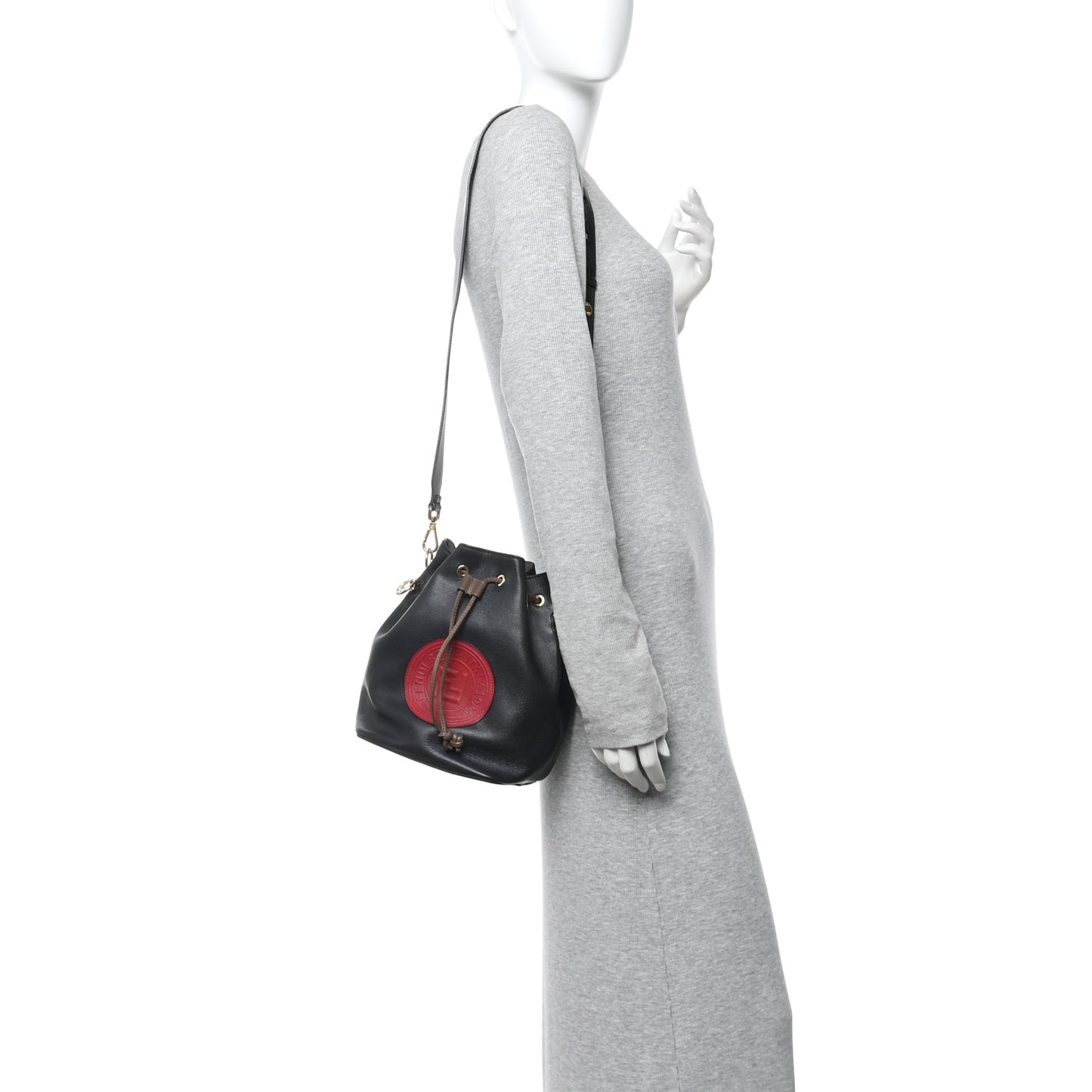 Vitello Century Matte F is Fendi Stamp Patch Bi-Color Grande Mon Tresor Bucket Bag Black Maya Fragola