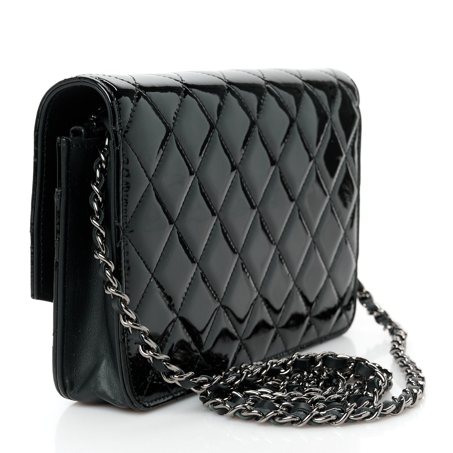 Patent Quilted Brilliant Wallet On Chain WOC Black