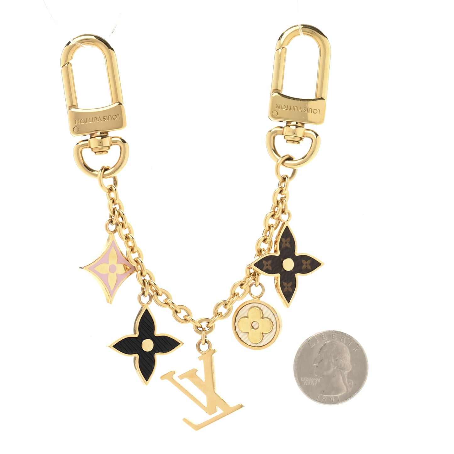 Brass Enamel Fleur De Monogram Bag Charm Chain Gold