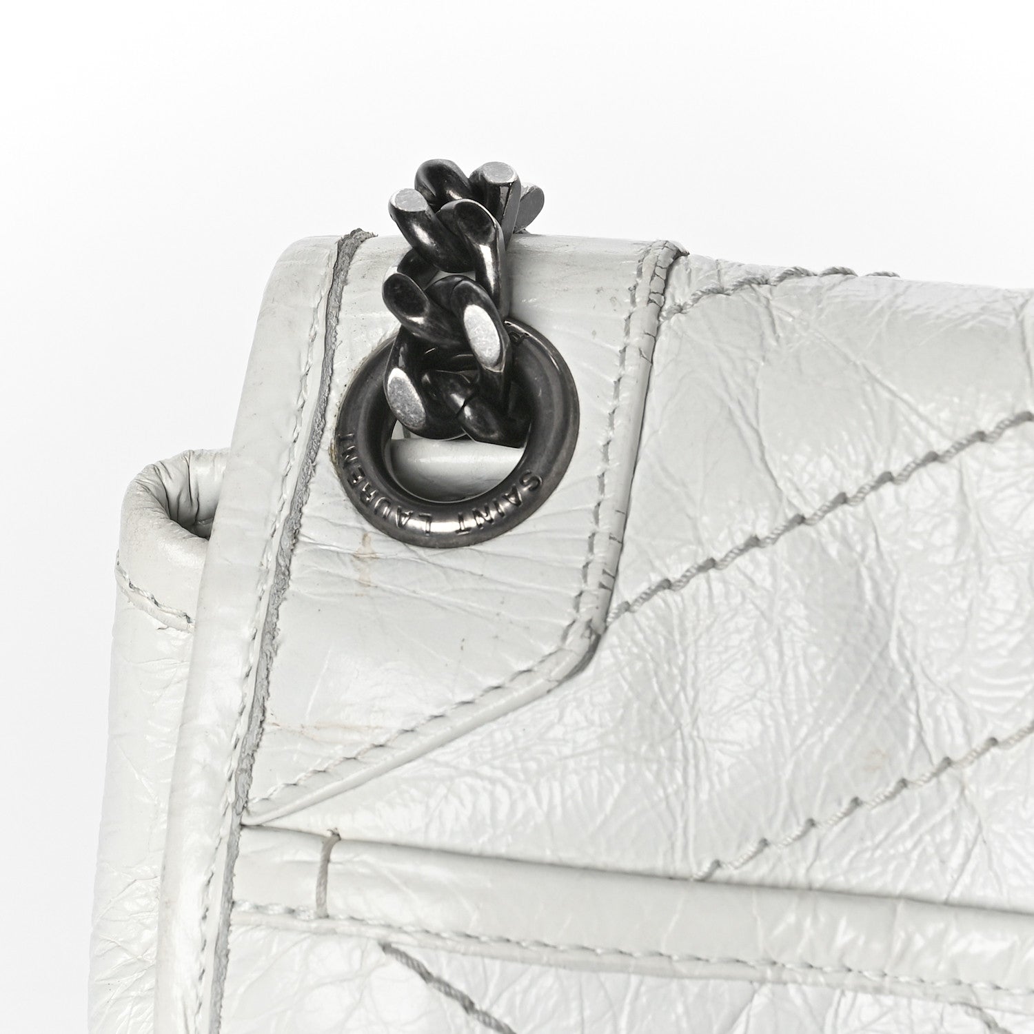 Saint Laurent Crinkled Calfskin Matelasse Monogram Medium Niki Chain Satchel Dirty White 14 of 15