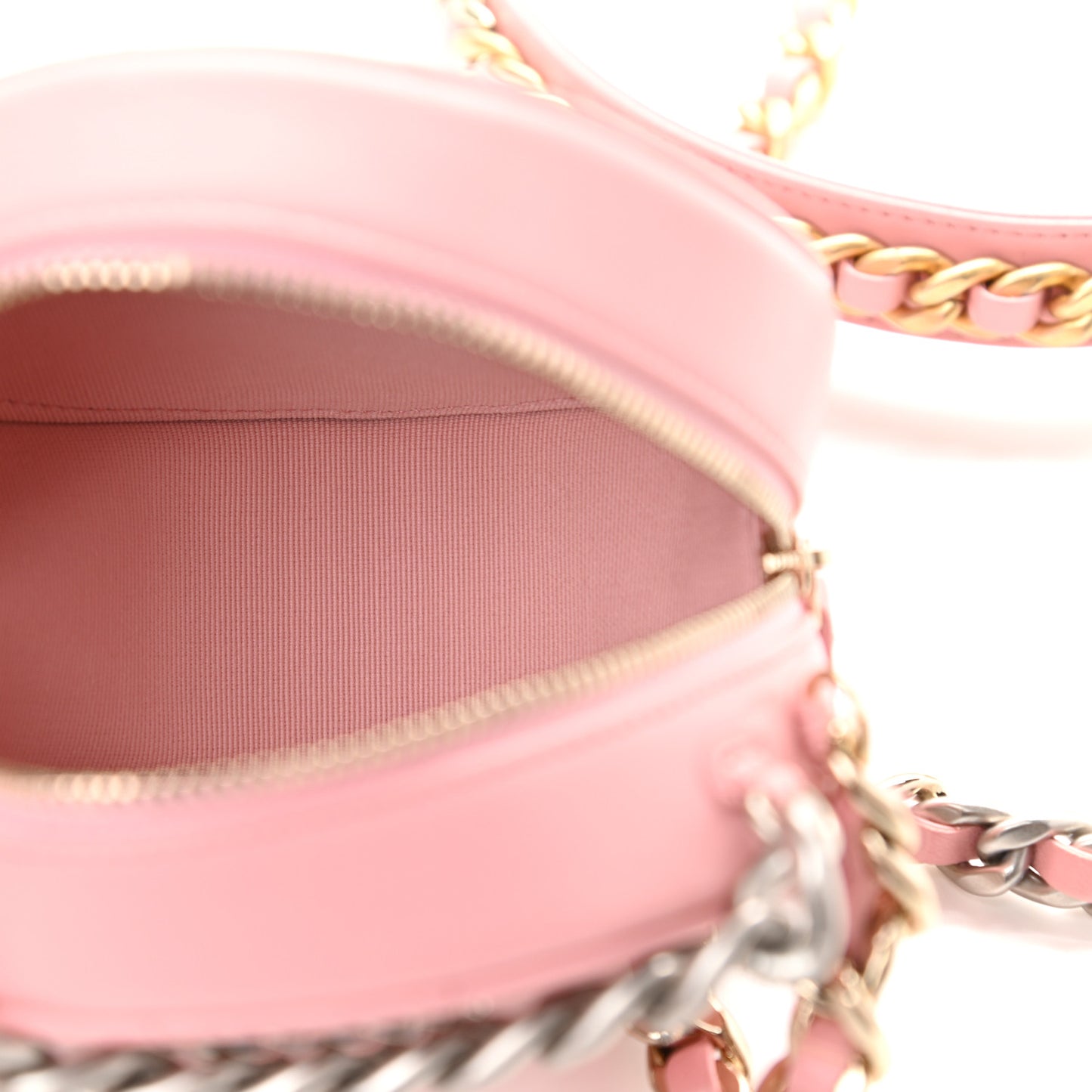 Lambskin Quilted Chanel 19 Round Clutch With Chain Pink