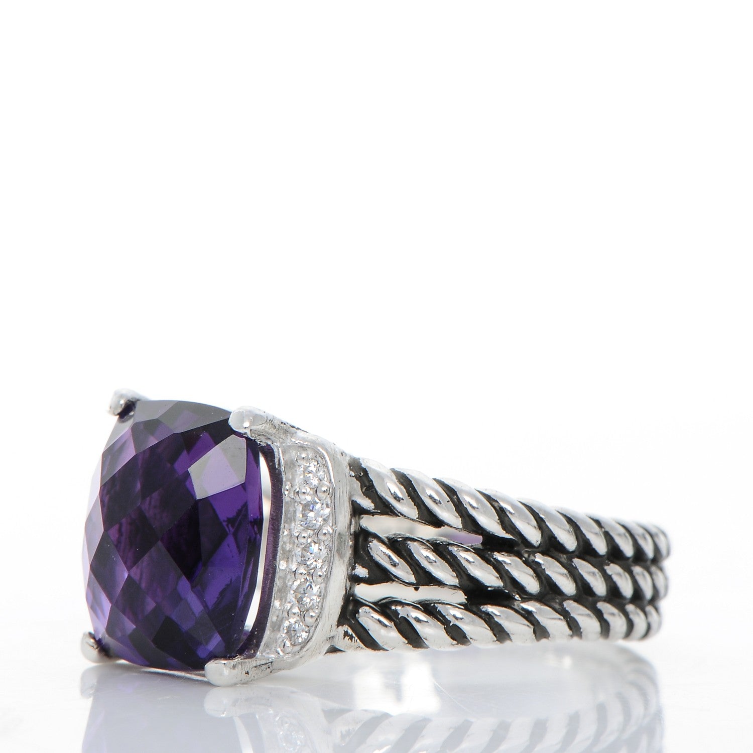 David Yurman Sterling Silver Diamond Amethyst 10mm Petite Wheaton Ring 51 5.75 3 of 5