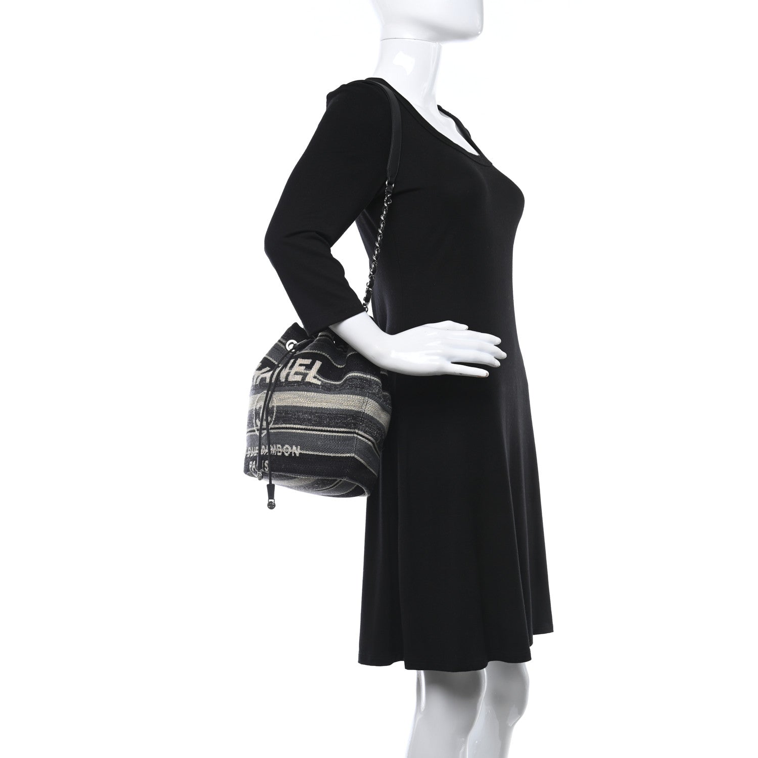 Chanel Striped Canvas Deauville Drawstring Bag Grey Black 2 of 8