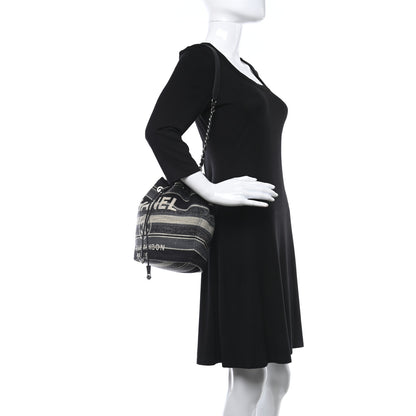 Chanel Striped Canvas Deauville Drawstring Bag Grey Black 2 of 8