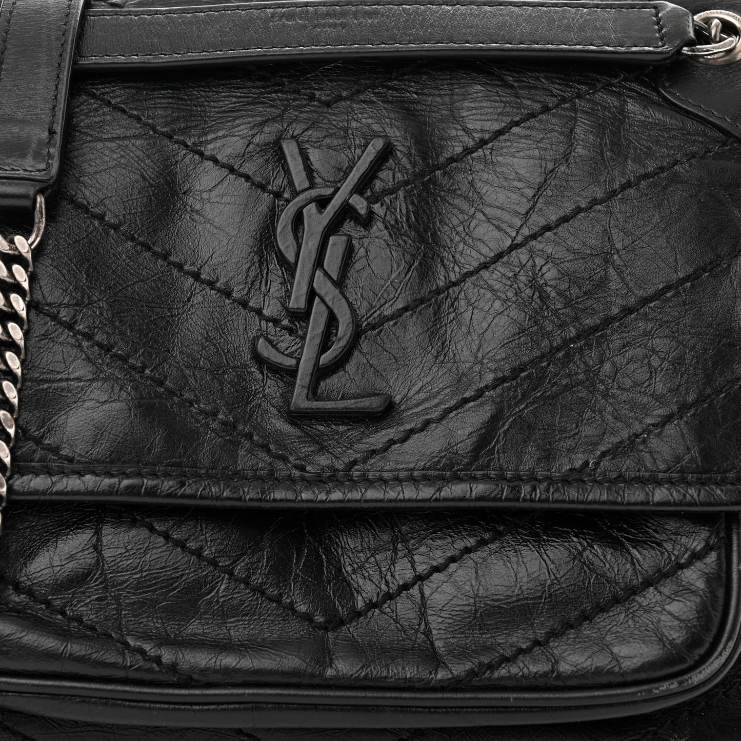 Crinkled Lambskin Matelasse Monogram Baby Niki Chain Satchel Black