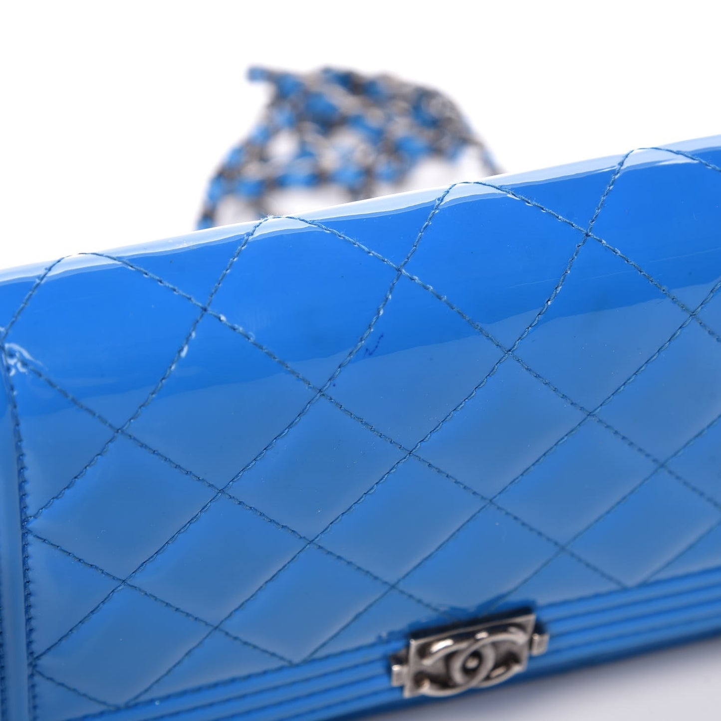 Patent Calfskin Quilted Boy Wallet On Chain WOC Blue