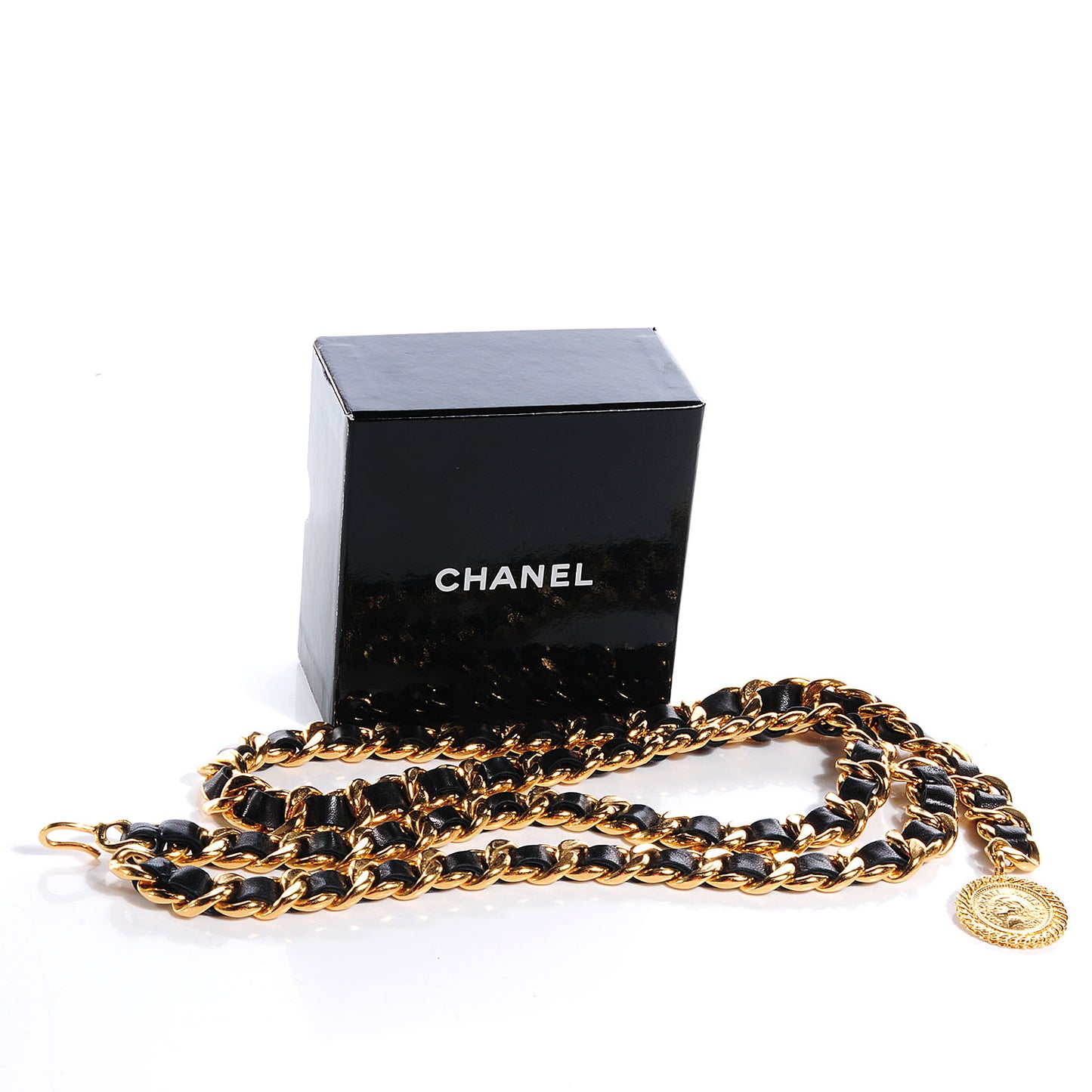 Leather Chain CC Medallion Belt Black Gold