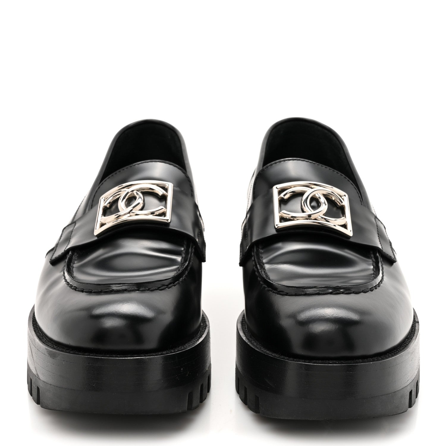 Chanel Calfskin Metal CC Loafers 37.5 Black 3 of 9
