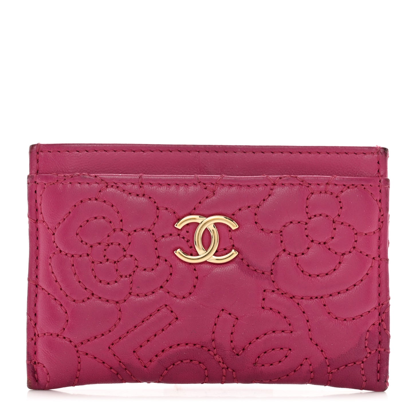 Lambskin Camellia Embossed Card Holder Fuchsia