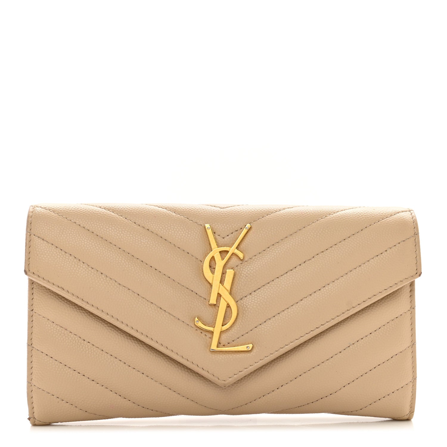 Saint Laurent Grain De Poudre Matelasse Chevron Monogram Flap Wallet Dark Beige 1 of 7
