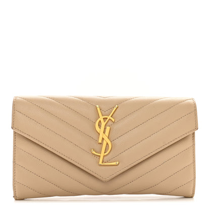 Saint Laurent Grain De Poudre Matelasse Chevron Monogram Flap Wallet Dark Beige 1 of 7
