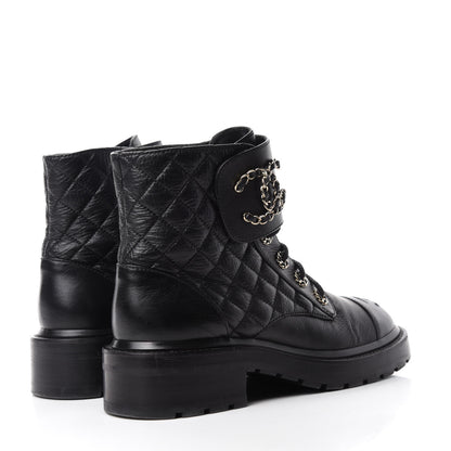 Chanel Shiny Goatskin Calfskin Quilted Lace Up Combat Boots 38 Black 4 of 8