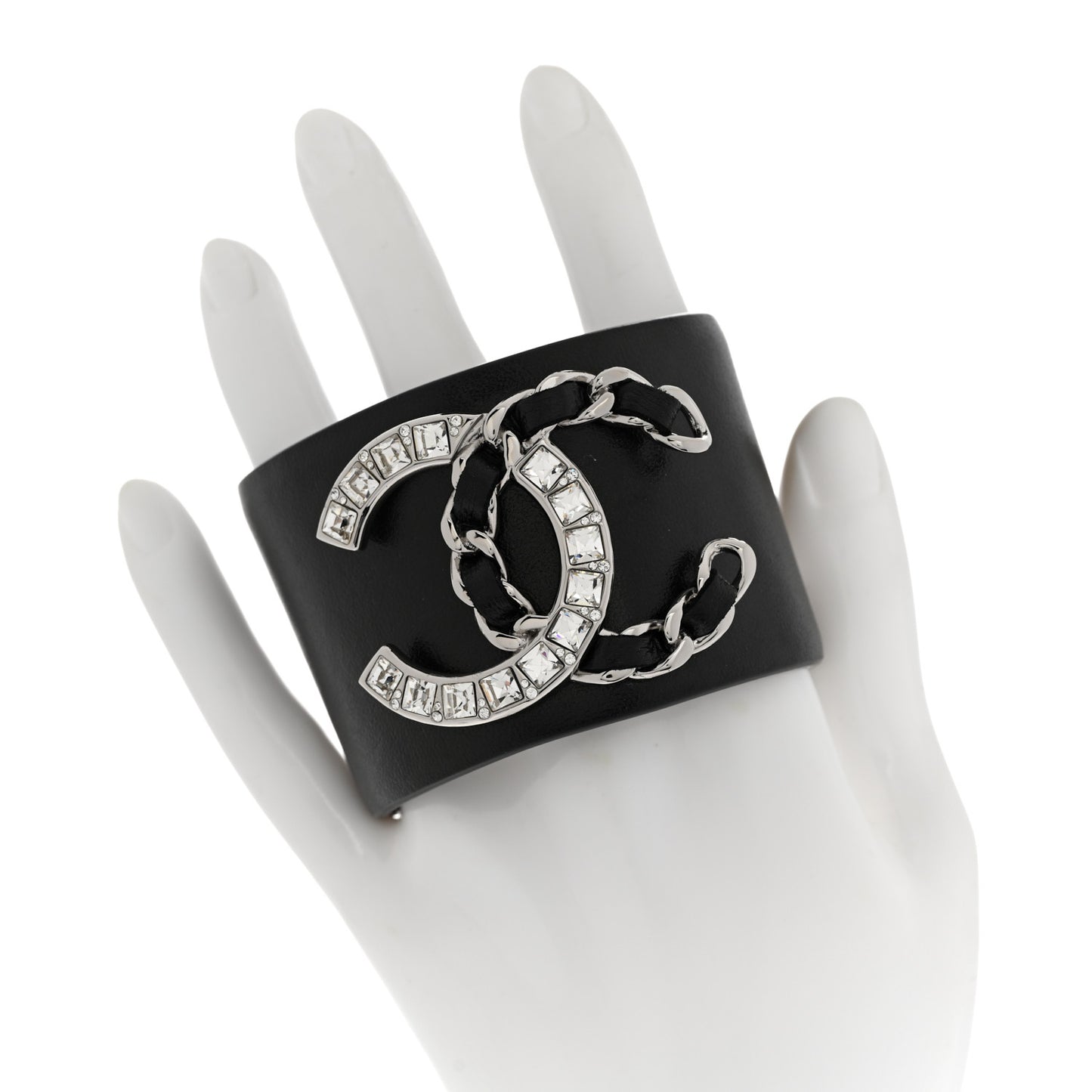 Lambskin Baguette Crystal CC Chain Cuff Bracelet M Black