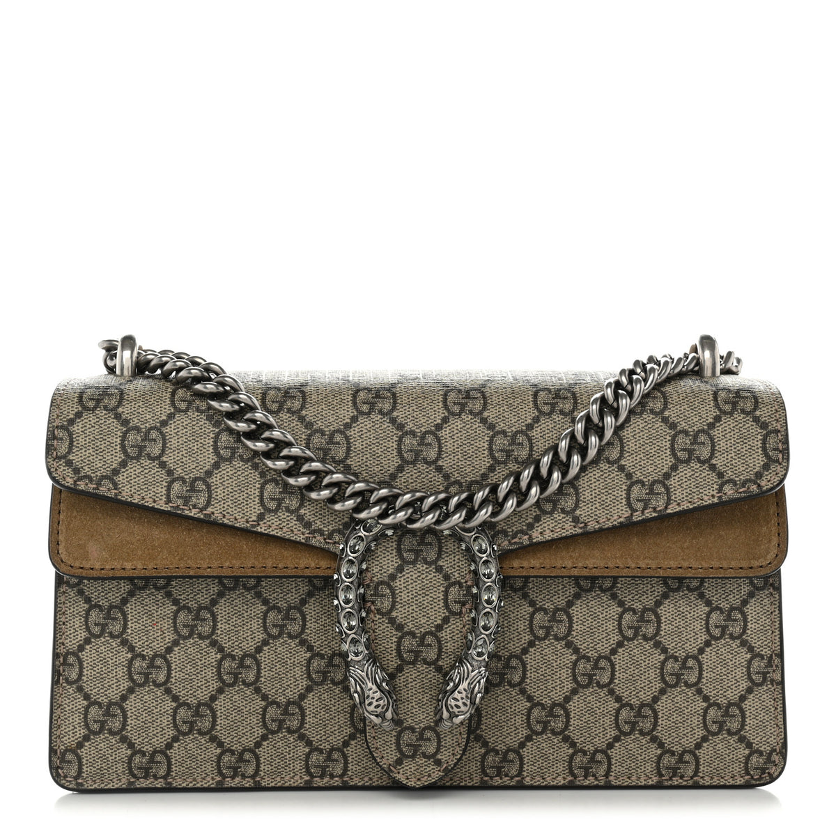 Gucci GG Supreme Monogram Suede Crystal Small Dionysus Shoulder Bag Beige Ebony Taupe 1 of 12