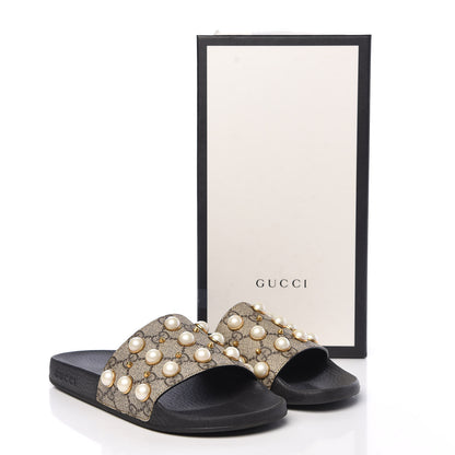 Gucci GG Supreme Monogram Pearls Slide Sandals 38 Beige 11 of 11