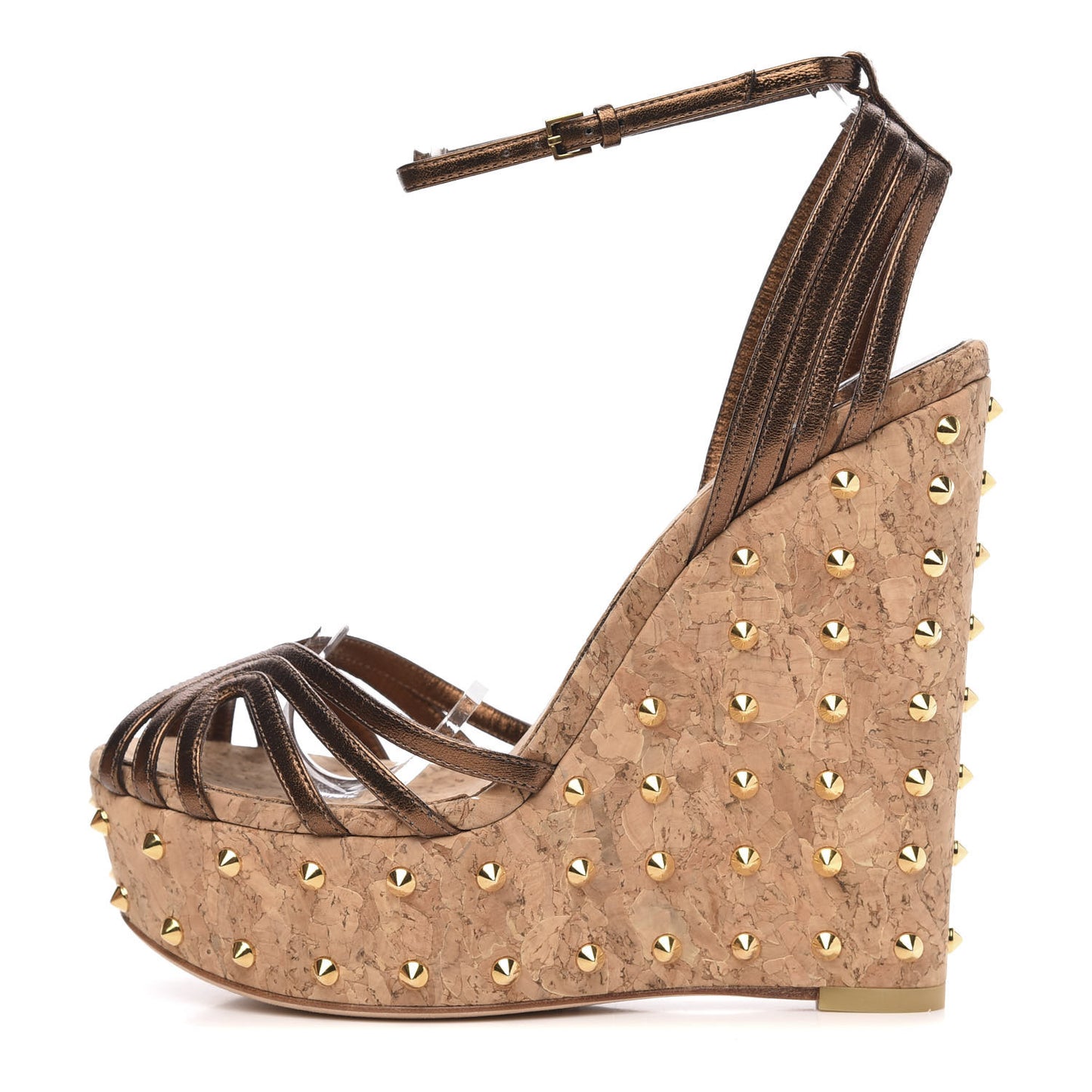 Metallic Calfskin Cork Stud Wedge Sandals 37 Brown