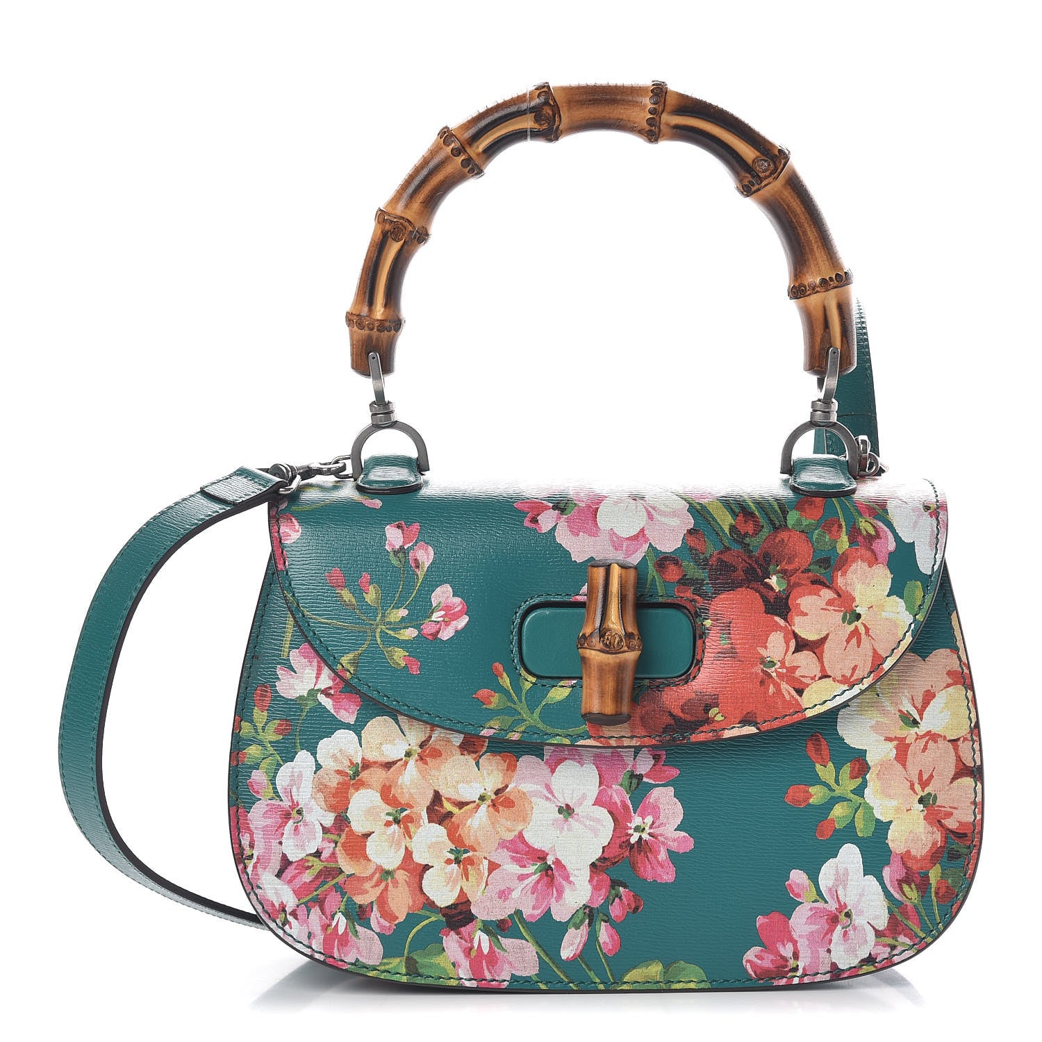 Gucci Shangai Calfskin Blooms Print Small Classic Bamboo Top Handle Bag Bright Emerald Multicolor 1 of 11