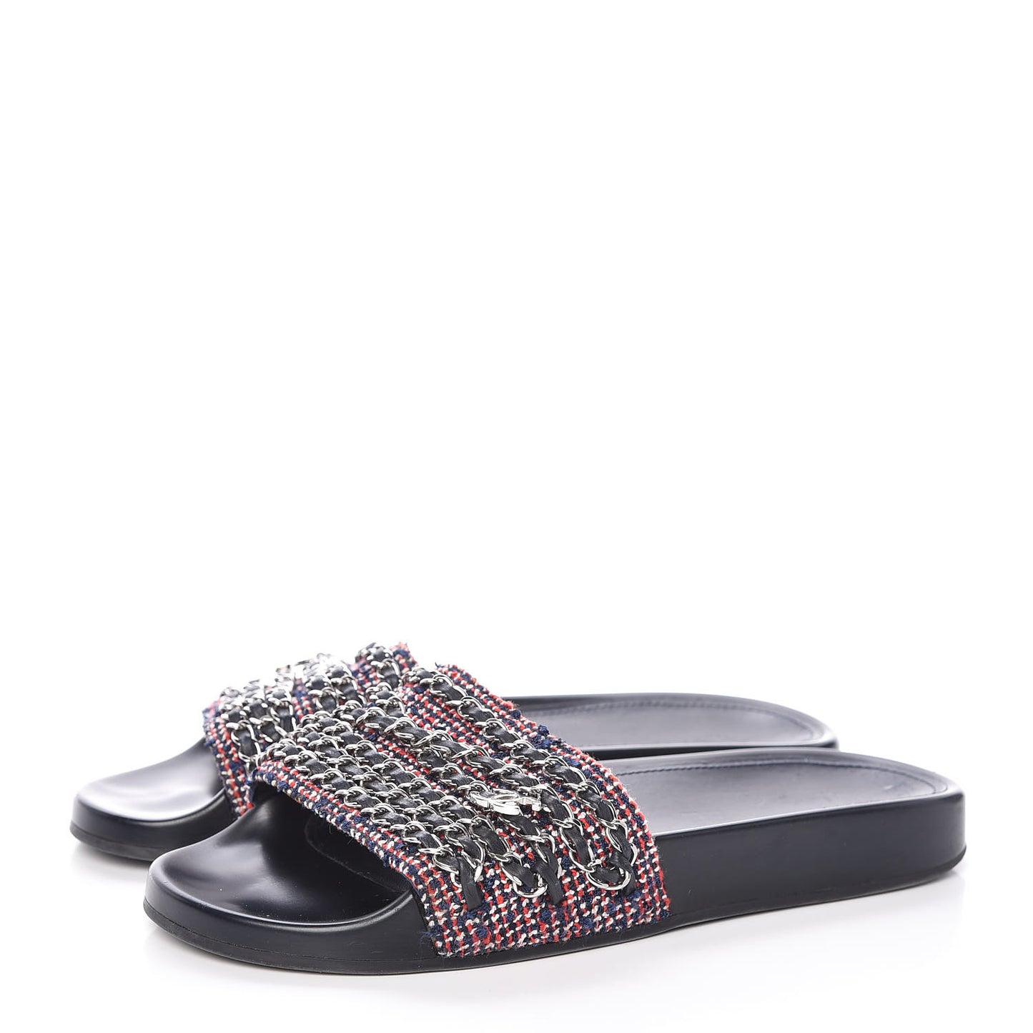 Tweed Lambskin Chain Flat Sandals 39 Black Multicolor