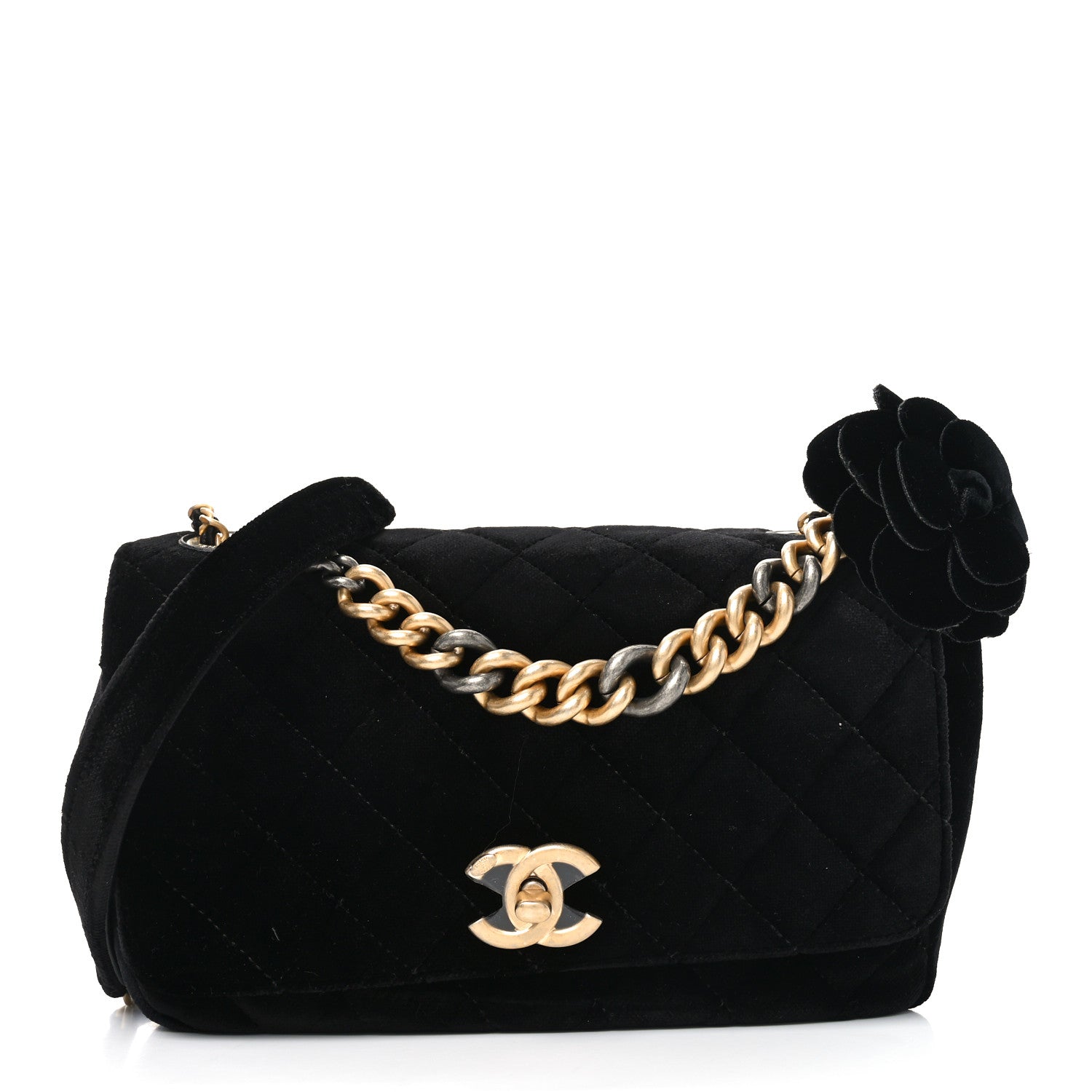 Chanel Velvet Quilted Small Camellia Flap Black 1 of 10