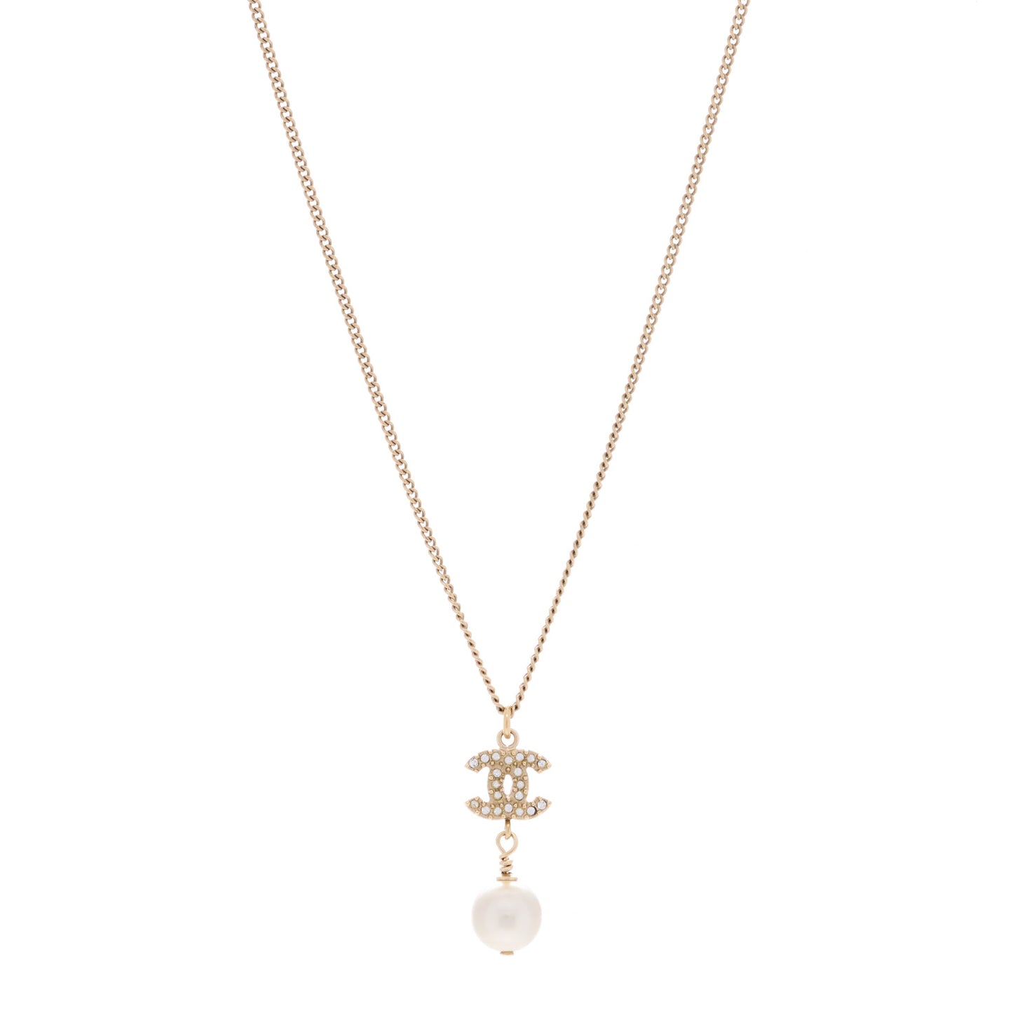 Crystal Pearl CC Drop Necklace Gold