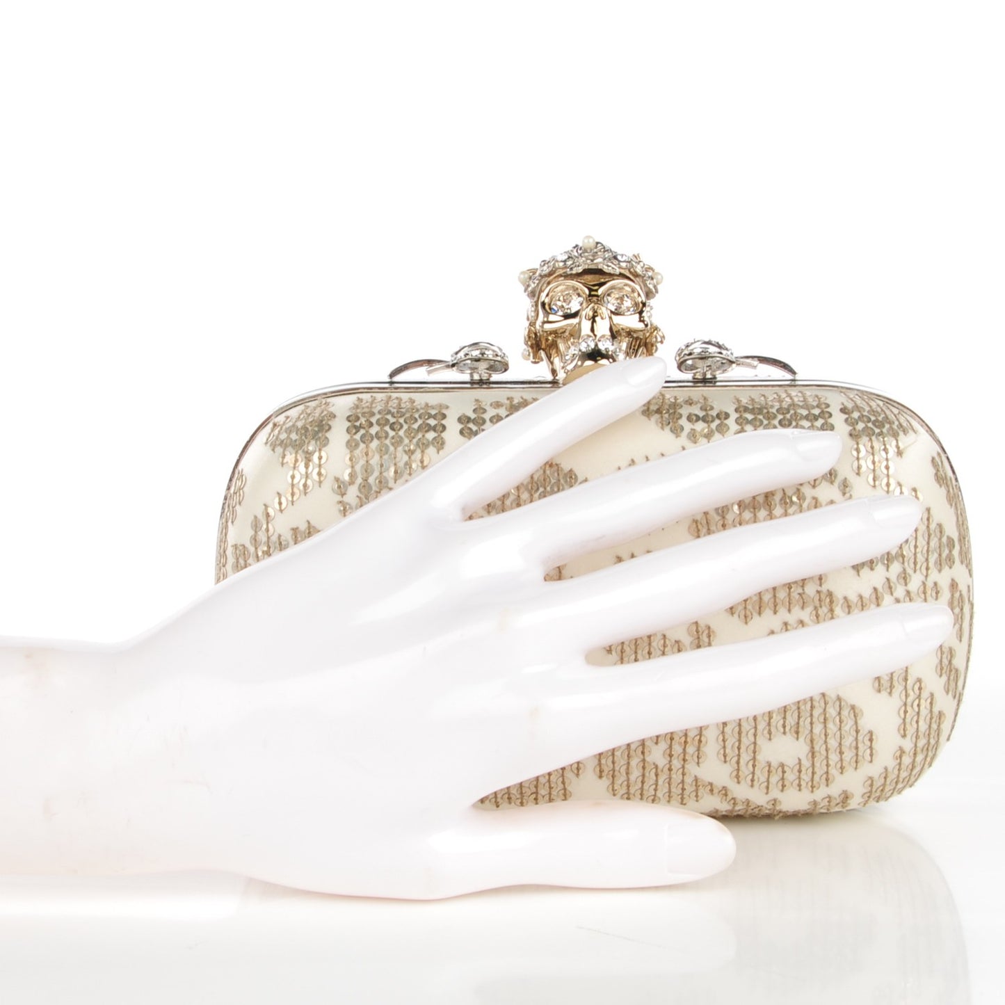 Sequin Crown Skull Box Clutch White