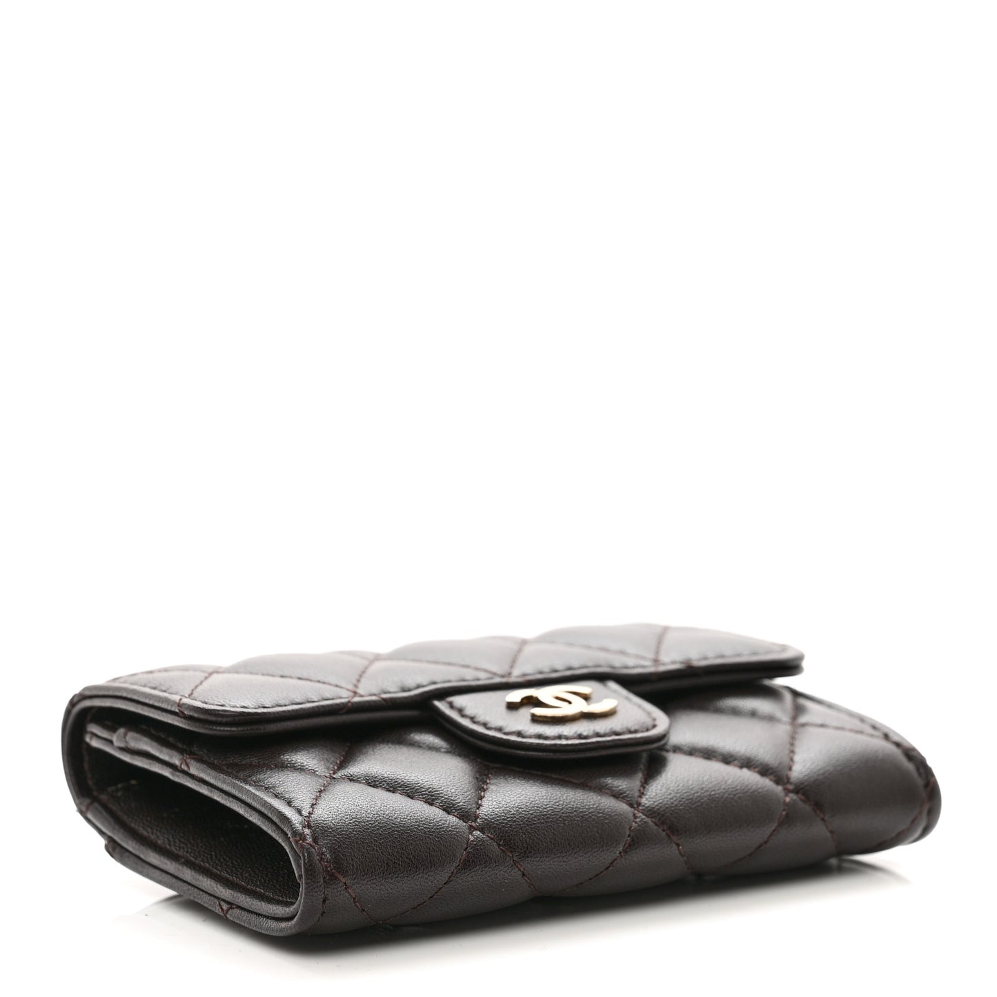 Lambskin Quilted Flap Card Holder Wallet Dark Brown