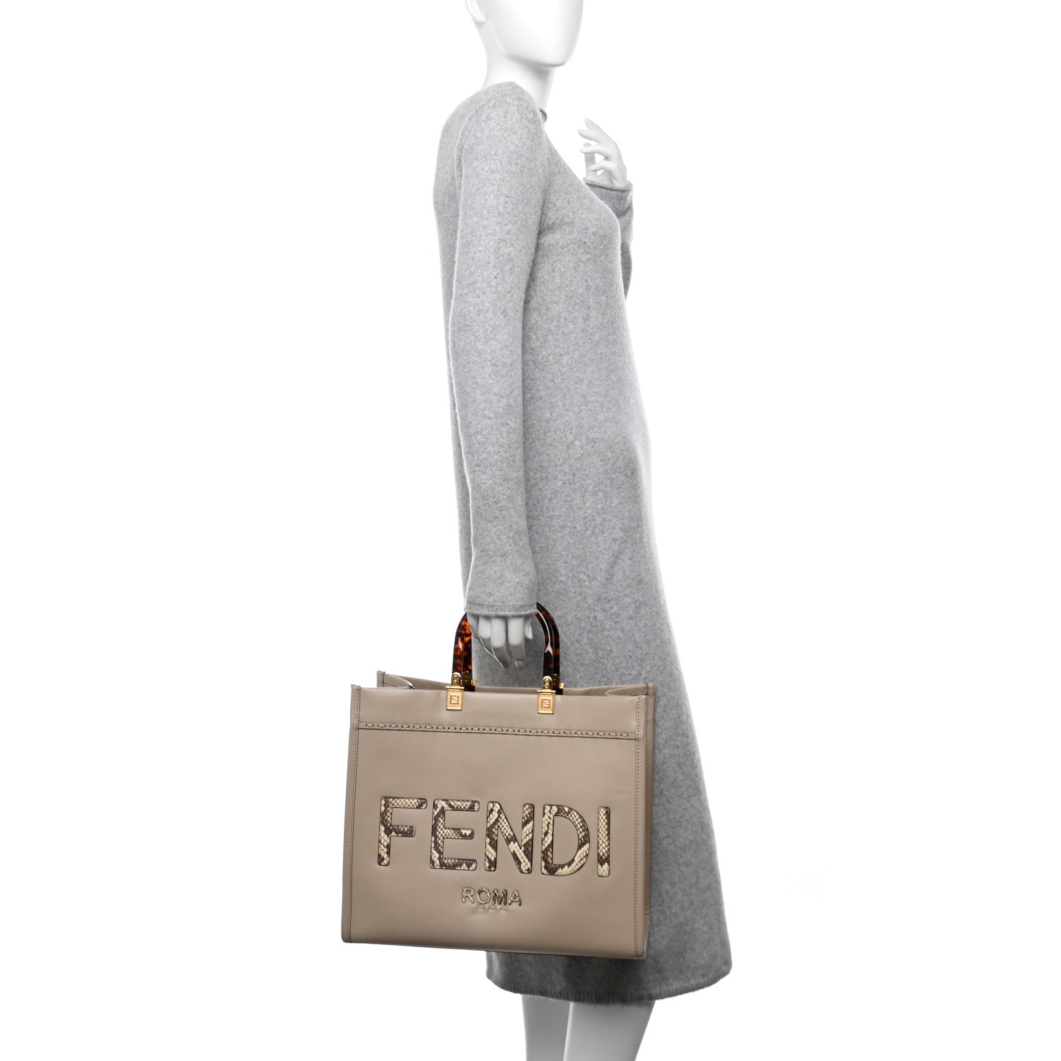 Fendi Vitello King Plexiglass Elaphe Python Print Logo Medium Fendi Sunshine Shopper Tote Tartufo Daisy Roccia 2 of 14