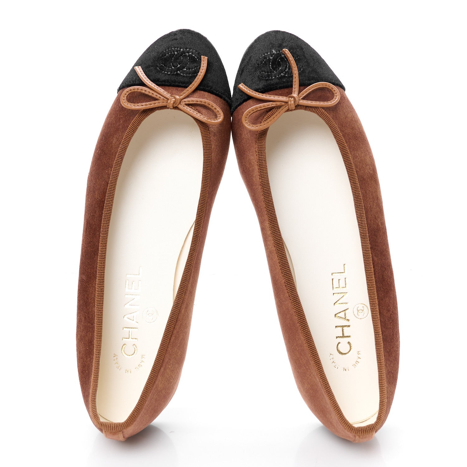 Chanel Velvet Cap Toe CC Ballerina Flats 37.5 Brown Black 2 of 10