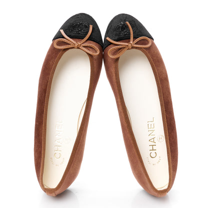 Chanel Velvet Cap Toe CC Ballerina Flats 37.5 Brown Black 2 of 10