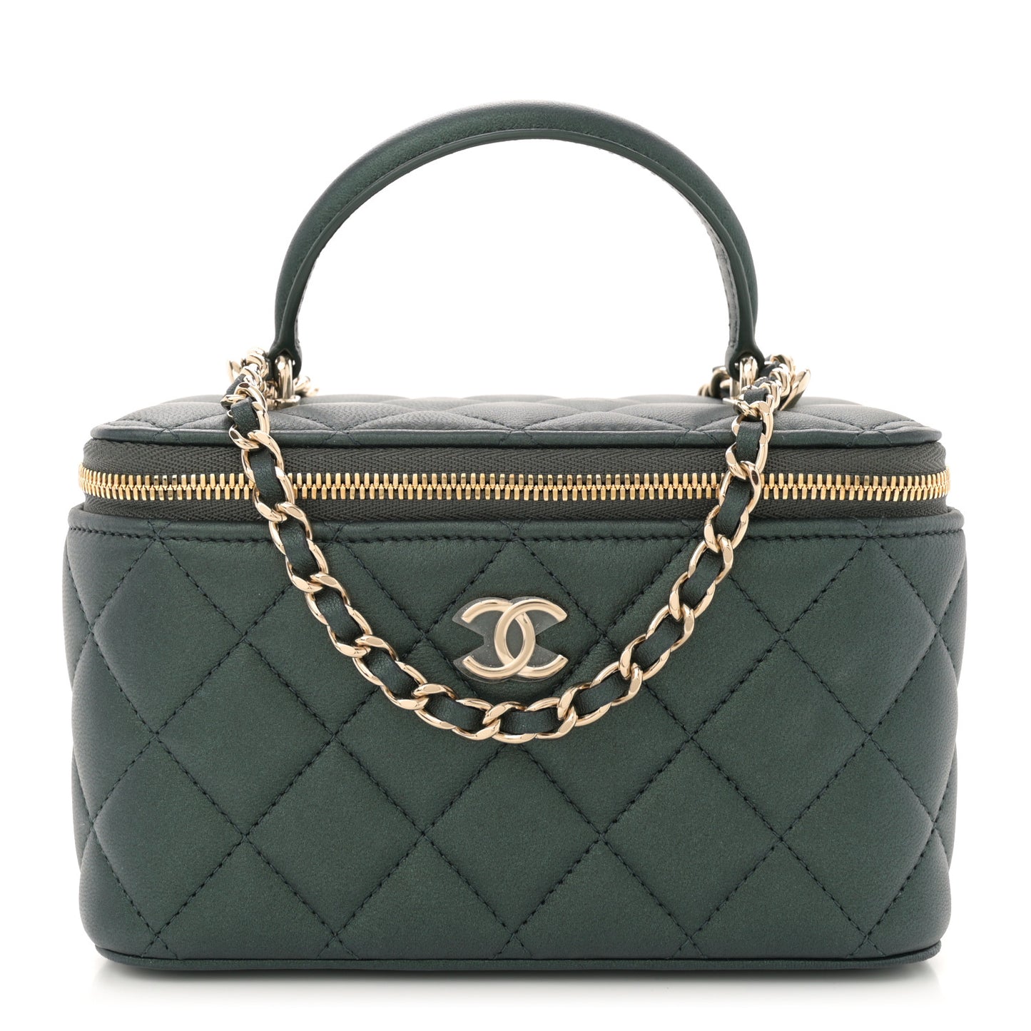 Iridescent Lambskin Quilted Small Top Handle Vanity Case With Chain Green