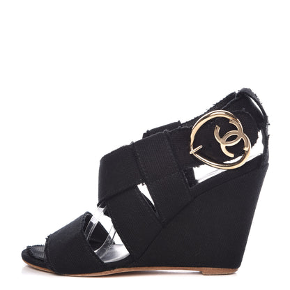 Chanel Canvas Heart CC Wedge Sandals 36.5 Black 1 of 18