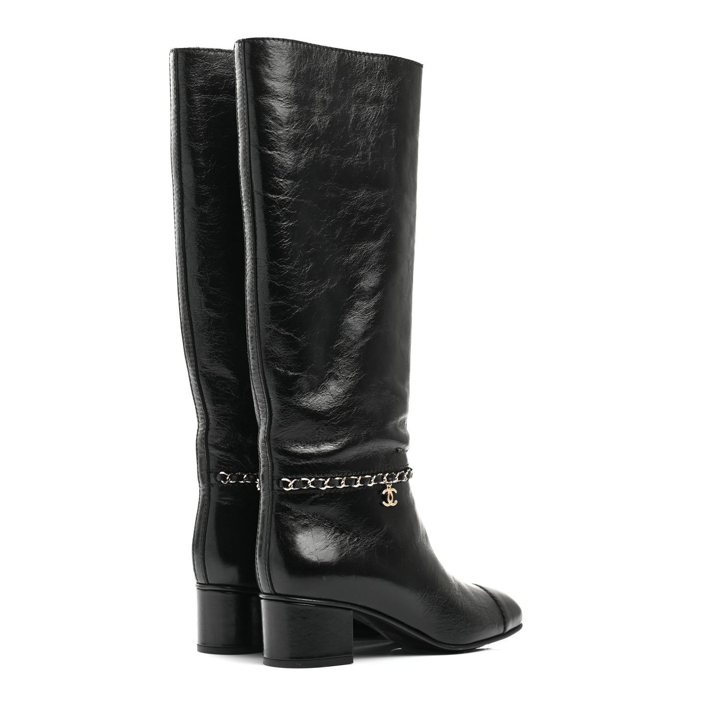 Crumpled Calfskin Cap Toe Chain Boots 38 Black