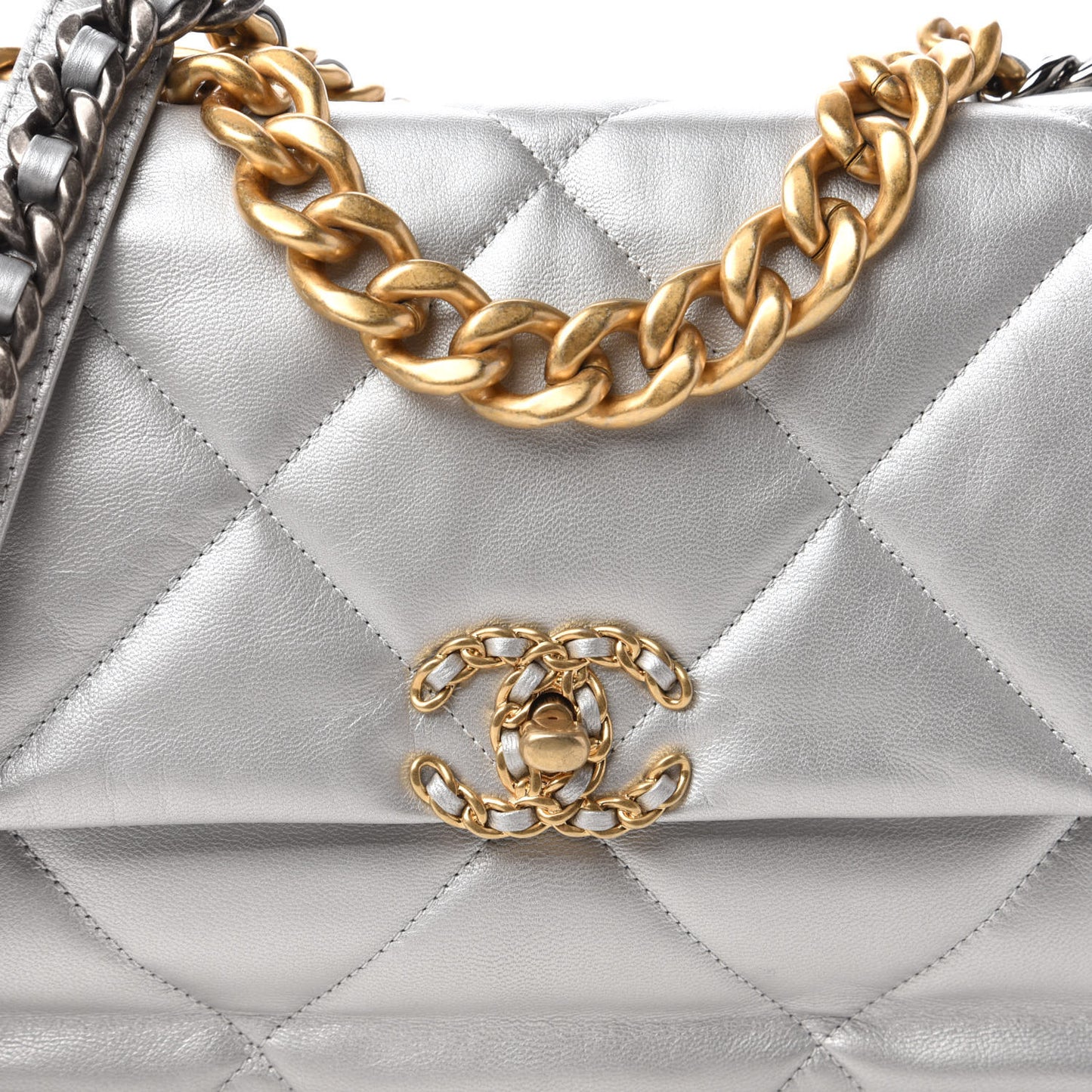 Metallic Goatskin Quilted Large Chanel 19 Flap Silver