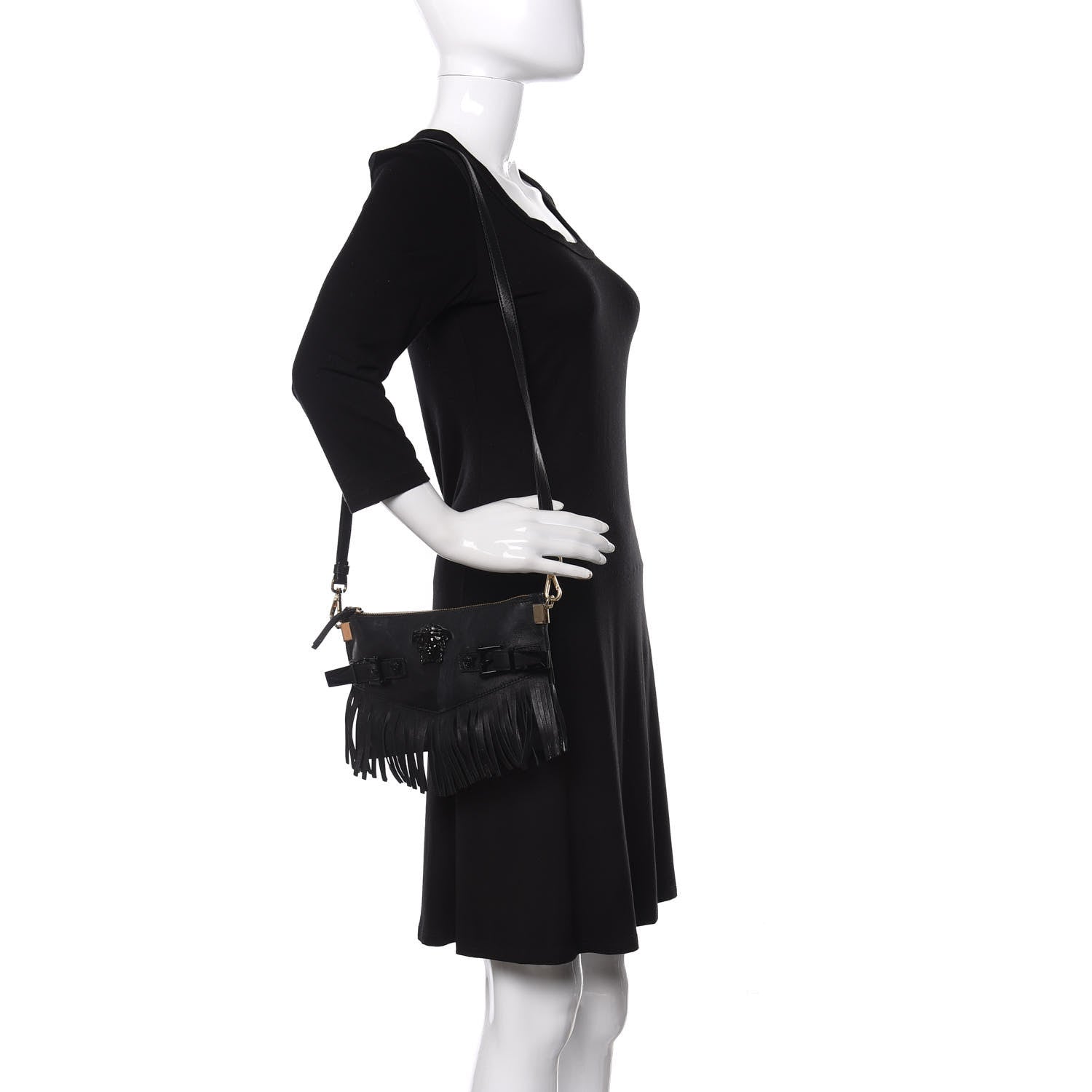 Versace Calfskin Palazzo Fringe Crossbody Bag Black 2 of 9