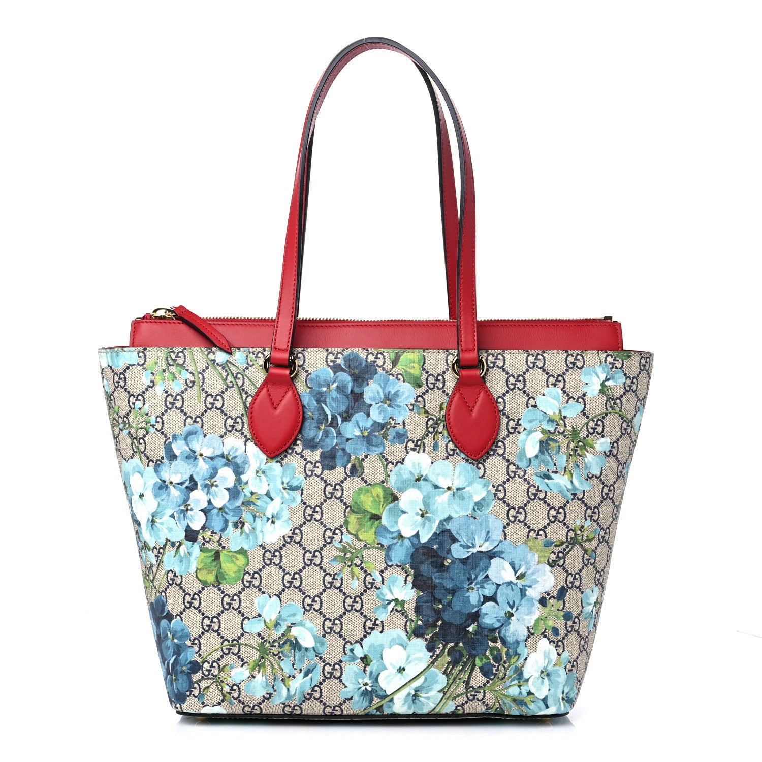 Gucci GG Supreme Monogram Blooms Medium Zippered Bucket Tote Beige Blue Navy Hibiscus Red 1 of 10