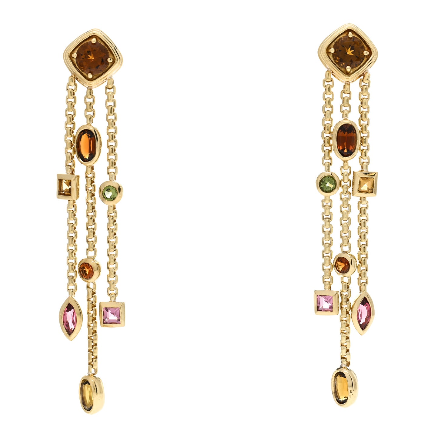 18K Yellow Gold Sapphire Garnet Citrine Tourmaline Confetti 3 Row Tassel Earrings