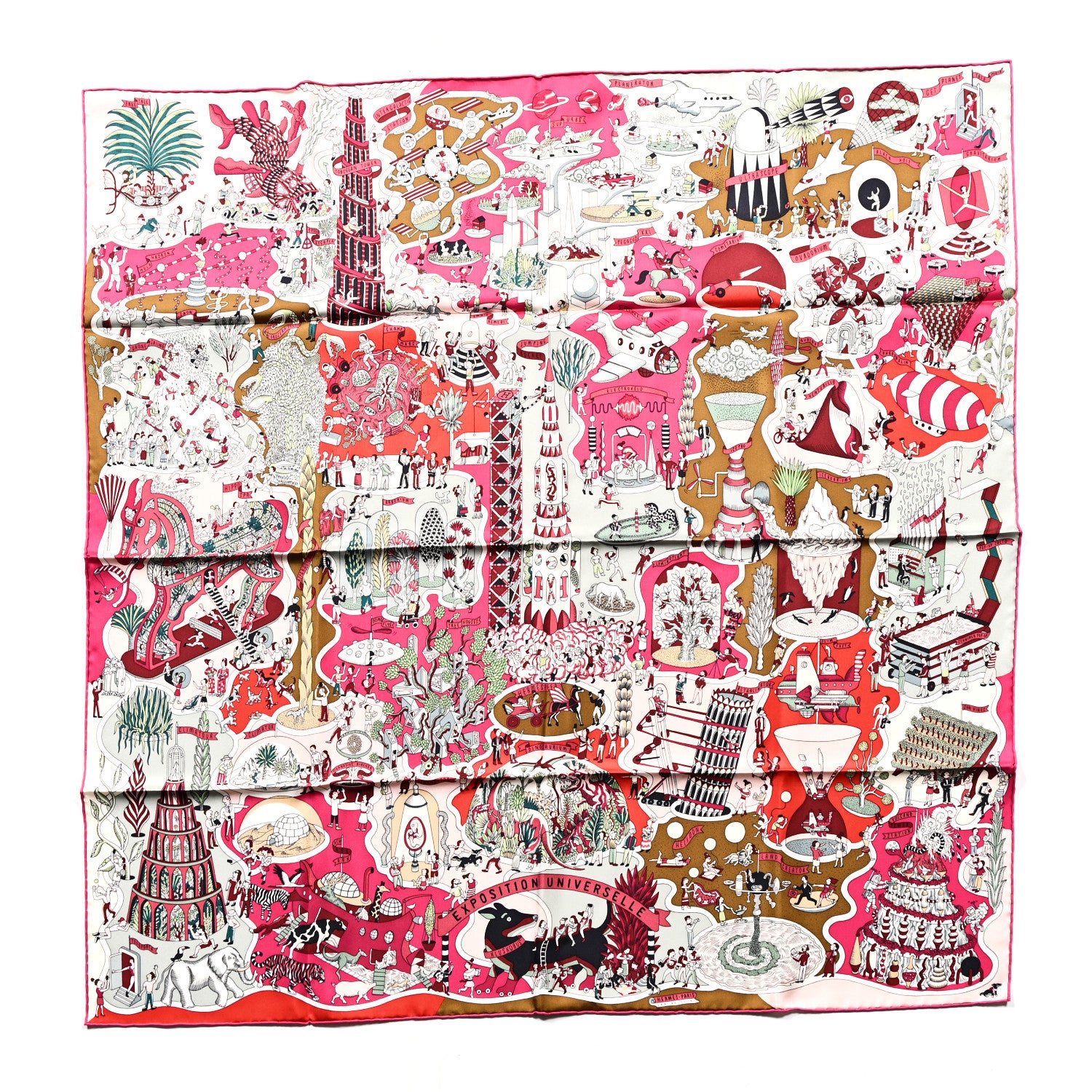 Hermes Silk Exposition Universelle Scarf 90 Rose Vif Vert Rouge 1 of 5