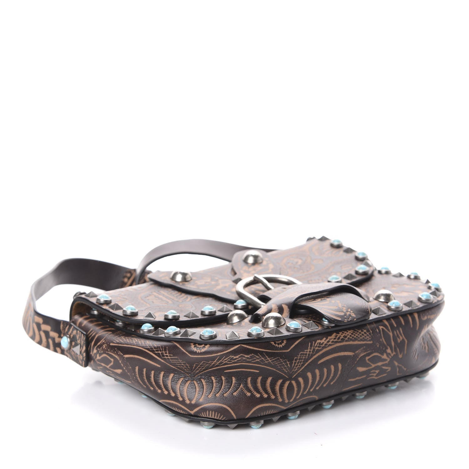 Valentino Garavani Calfskin Santeria Embossed Medium Rockstud Rolling Flap Saddle Bag Brown 4 of 9