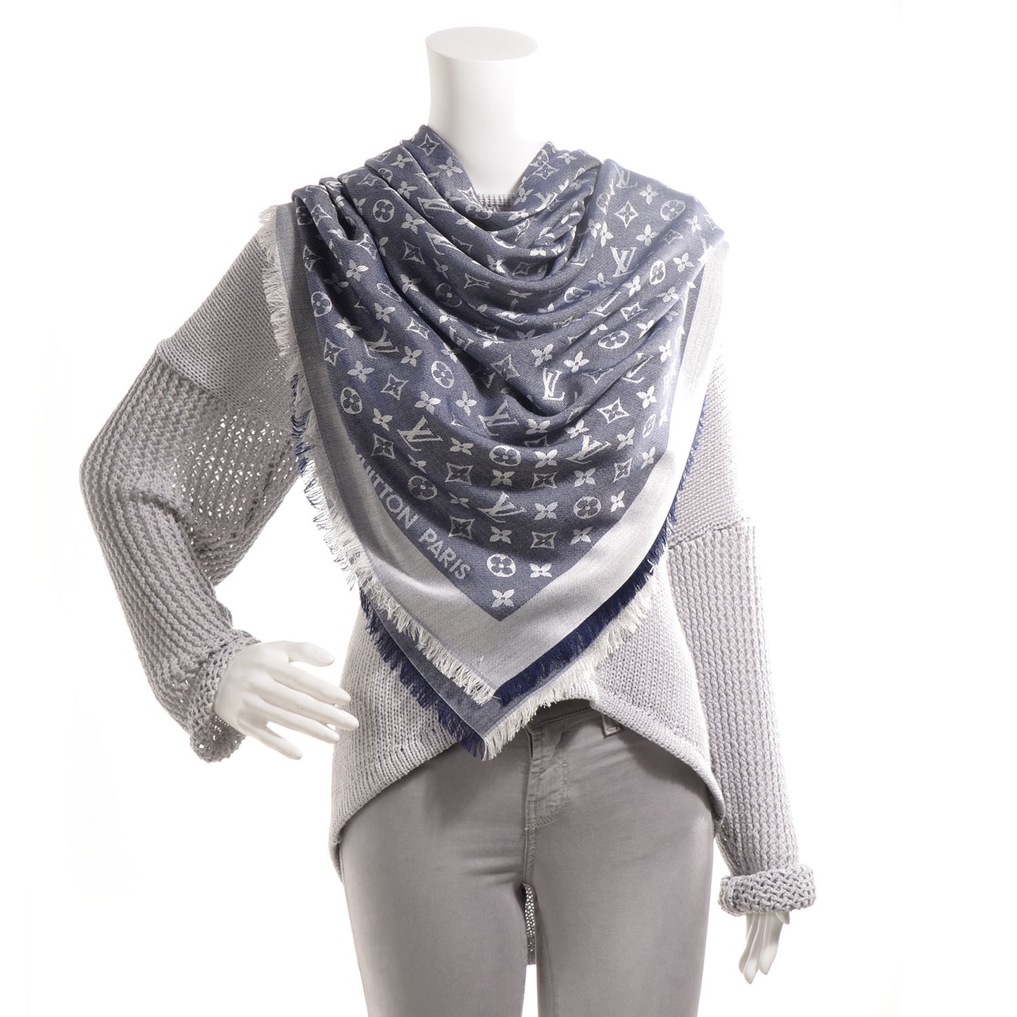 Silk Wool Monogram Denim Shawl Blue