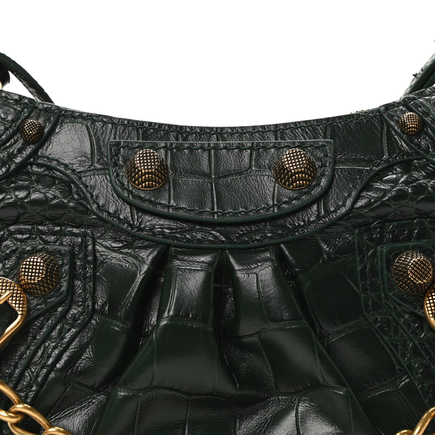 Extra Supple Calfskin Crocodile Embossed Mini Le Cagole Purse With Chain Forest Green