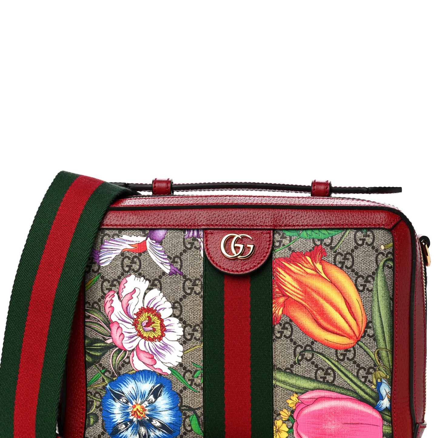 GG Supreme Monogram Flora Web Small Ophidia Top Handle Shoulder Bag Hibiscus Red