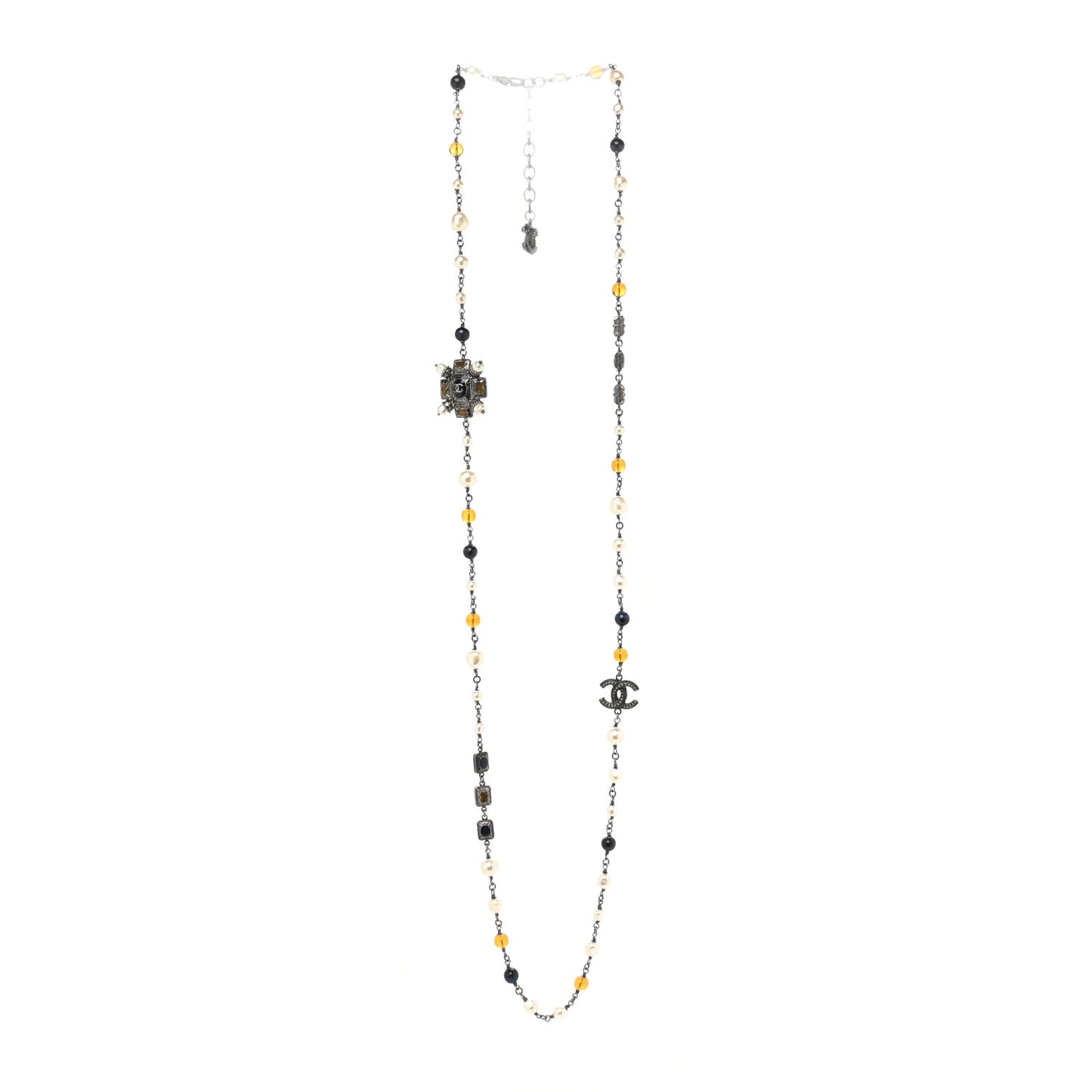 Gripoix Glitter Poured Glass Pearl Crystal Bead CC Long Necklace Ruthenium Blue Yellow