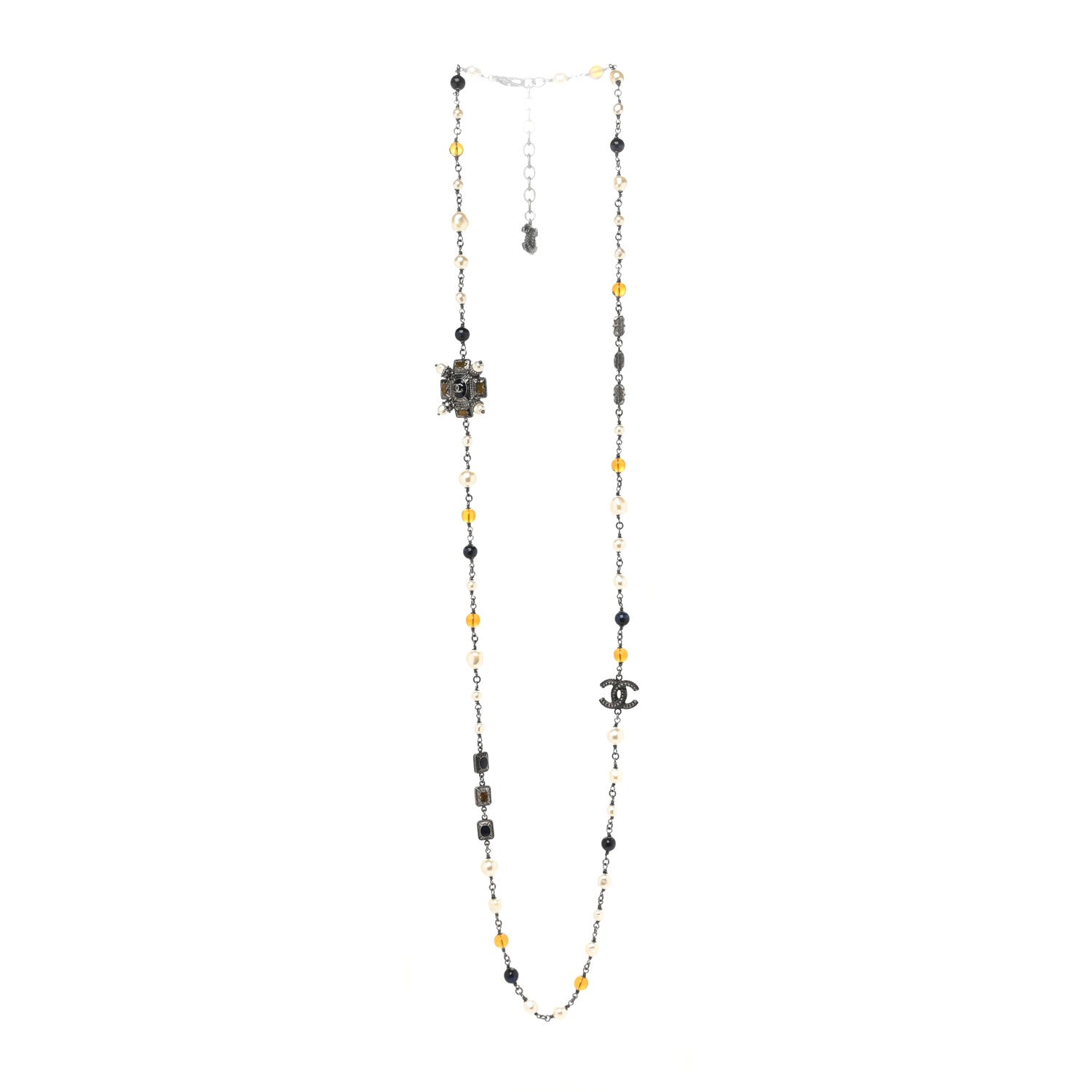 Chanel Gripoix Glitter Poured Glass Pearl Crystal Bead CC Long Necklace Ruthenium Blue Yellow 2 of 3