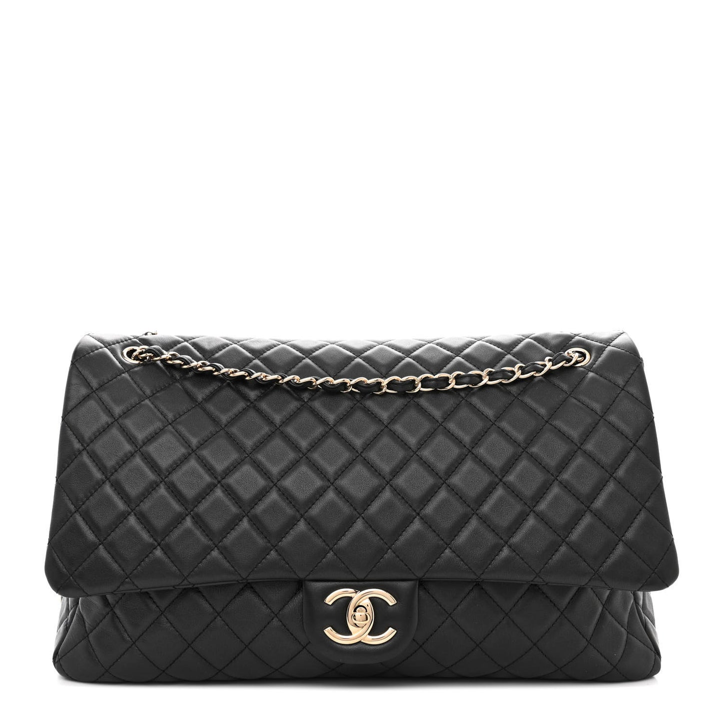 Metallized Calfskin Quilted XXL Travel Flap Bag Black