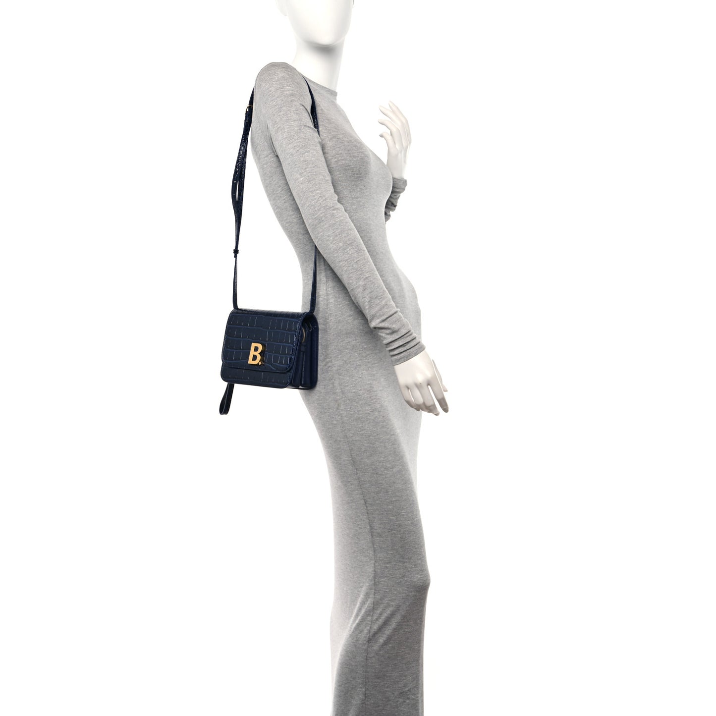 Shiny Calfskin Crocodile Embossed Small B Crossbody Bag Navy