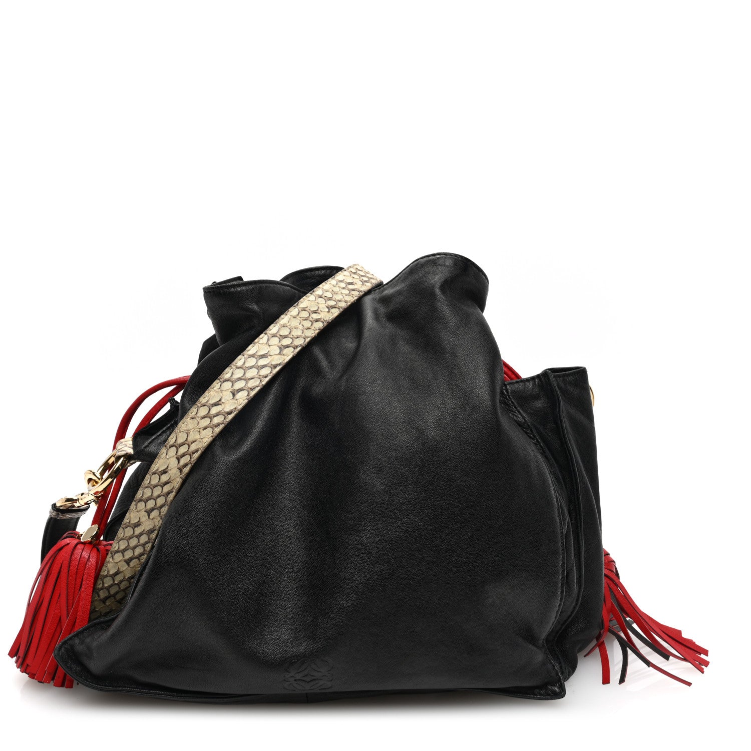 Loewe Calfskin Snakeskin Small Flamenco Tassel Knot Clutch Black Red 1 of 8