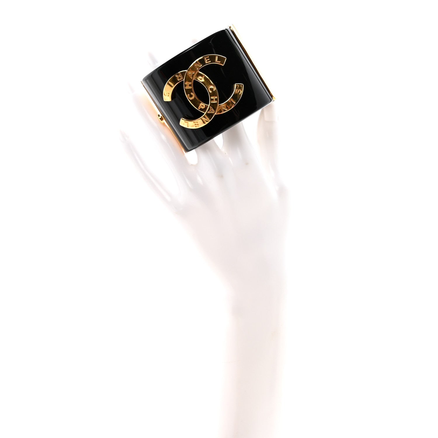 Chanel Resin CC Paris Button Cuff Bracelet Black Gold 2 of 5