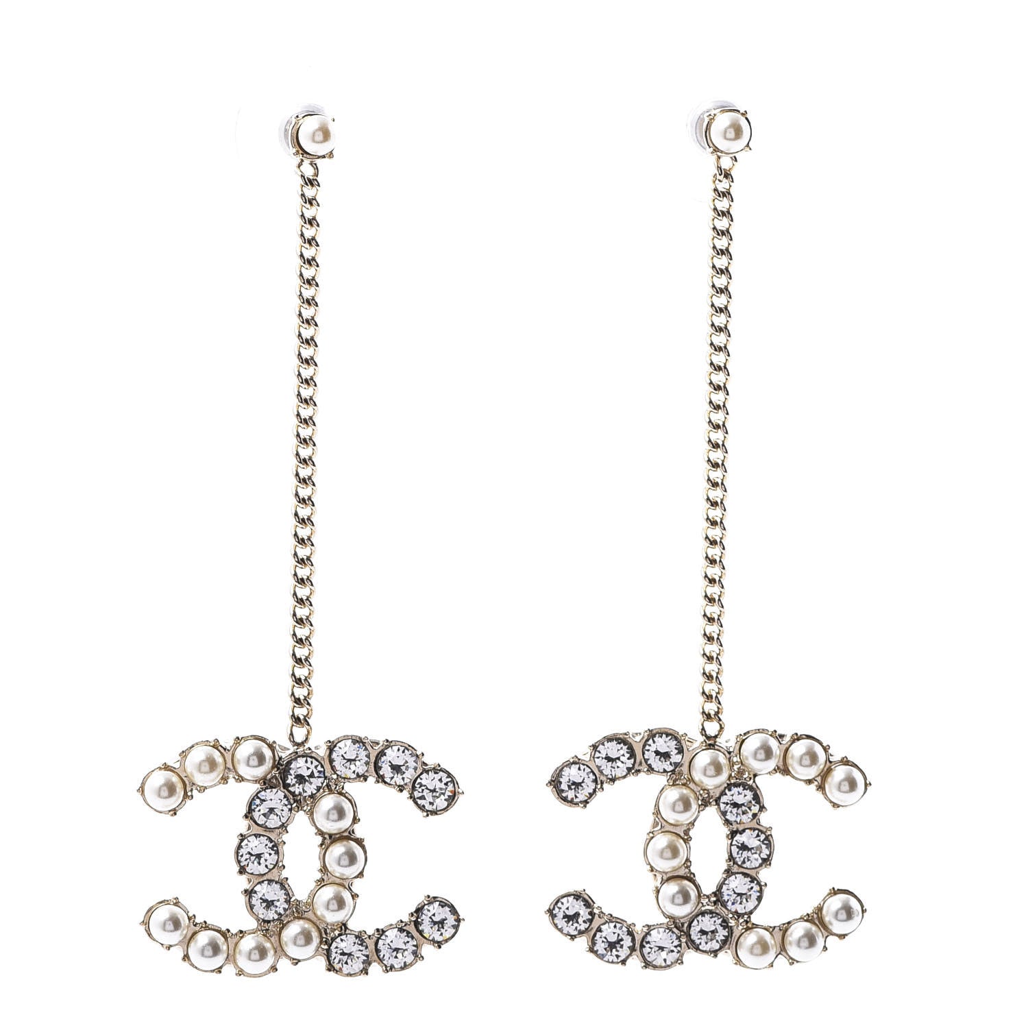 Chanel Crystal Pearl Dazzling Domino Drop Earrings Matte Gold 1 of 5